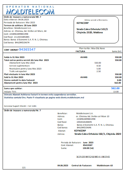 Moldtelecom utility business bill, SCR PSD template